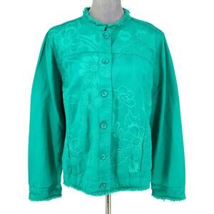 Chicos 3 Jacket Womens XL 16 Green Embroidered Floral Linen Blend Fringe Trim
